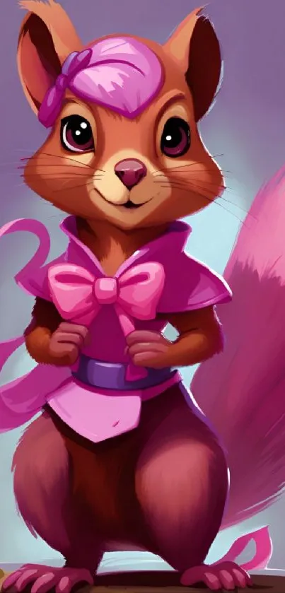 Cartoon squirrel in pink attire, vibrant and cute.