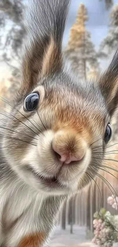Cute squirrel in a snowy forest setting.