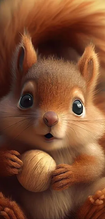 Cute squirrel holding a nut in a nature-themed mobile wallpaper.