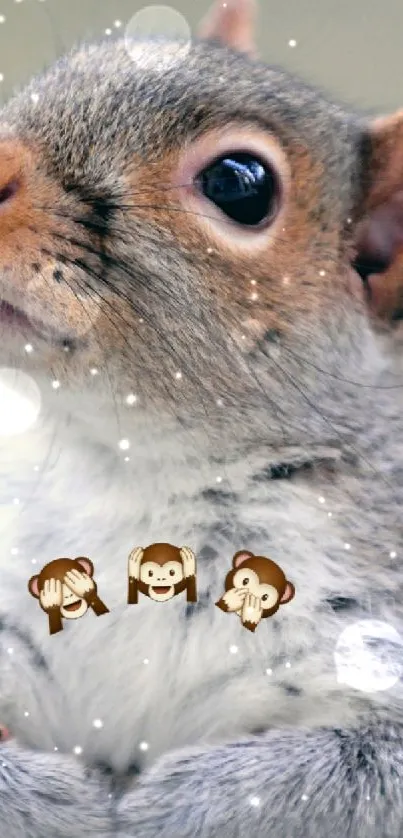 Cute squirrel with monkey emojis, light gray background.