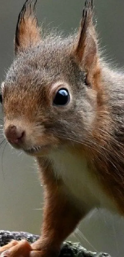 Cute squirrel on branch with a natural blurred background.