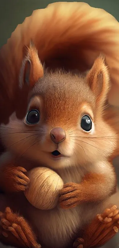 Adorable cartoon squirrel holding a nut with a fluffy tail for mobile wallpaper.