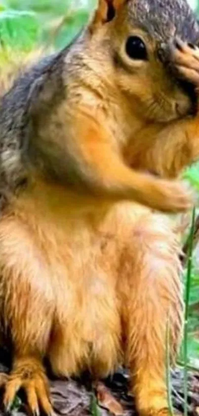 Playful squirrel in a natural setting, hiding its face with a paw.