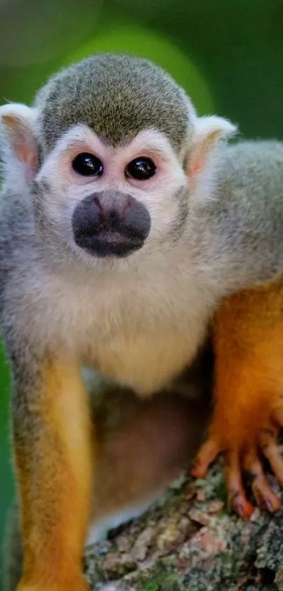 Cute squirrel monkey on tree with green forest background.