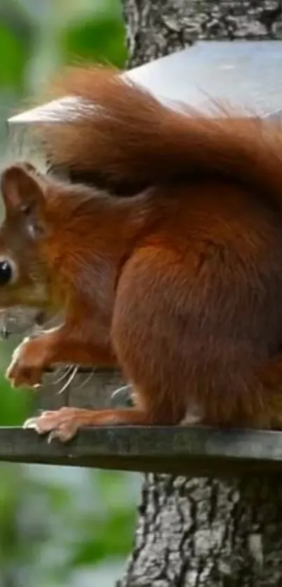 Cute squirrel sitting on a tree platform with a fluffy tail in nature setting.