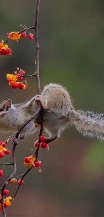 Squirrel perched on a branch with vibrant berries.