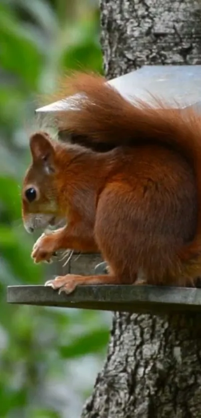 Cute red squirrel perched on a tree.