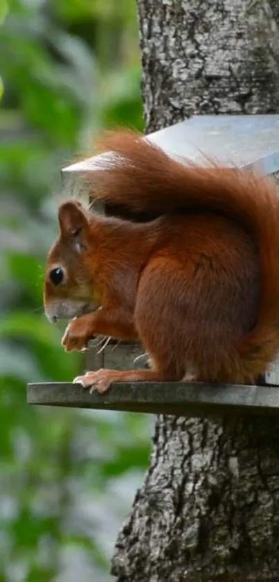 Cute red squirrel perched on a tree among green leaves.