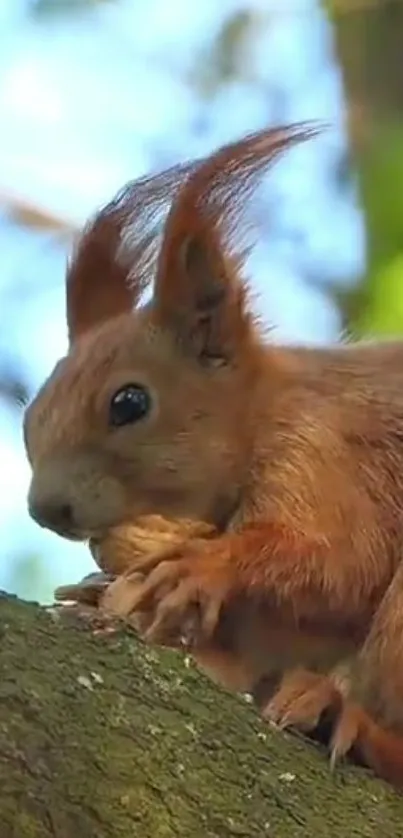 Cute squirrel perched on tree branch with blue sky background.