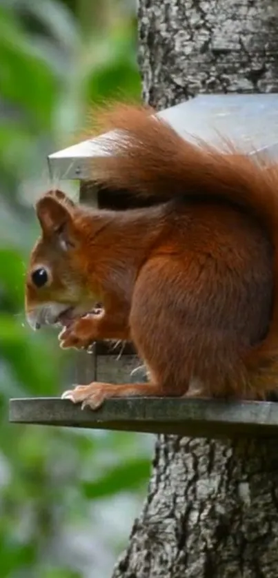 Cute squirrel sitting on a tree with green foliage in the background.