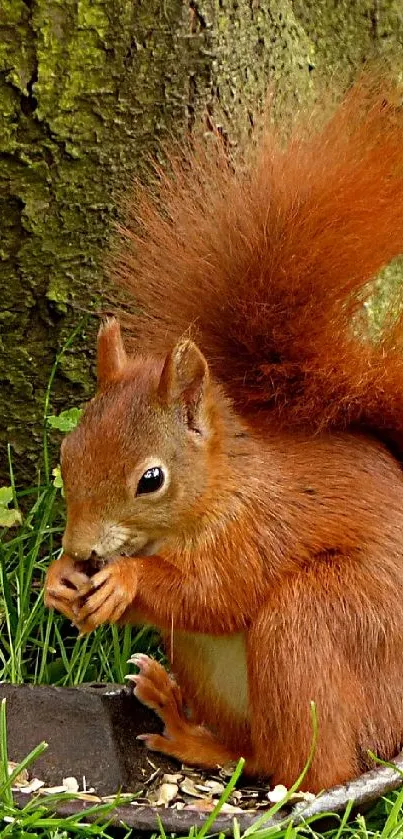 Squirrel sitting under a tree in green grass.