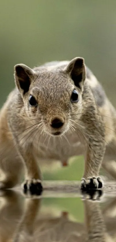 Squirrel facing forward with reflection on mobile wallpaper.