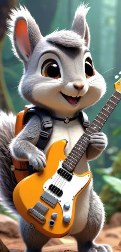 Cute cartoon squirrel with guitar in forest.