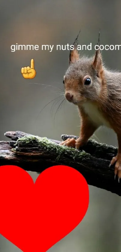 Cute squirrel with a red heart on a branch background.