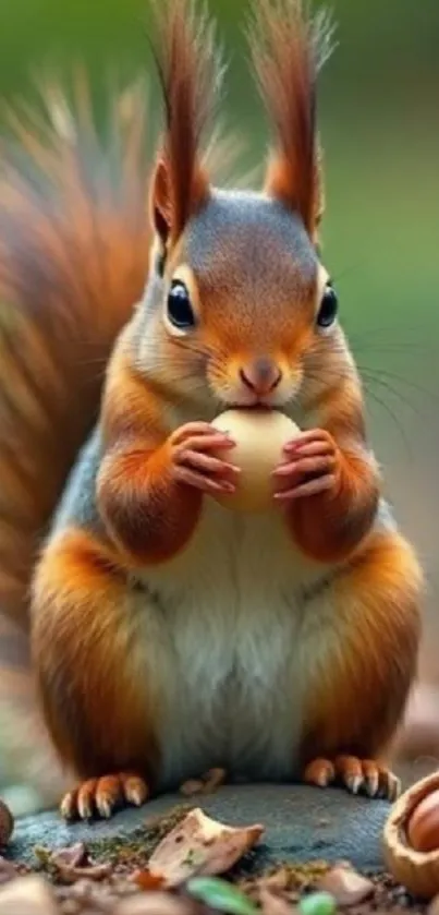 Adorable squirrel holding a nut in a vibrant natural setting.