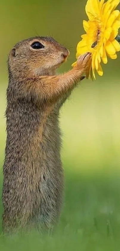 Cute squirrel reaching for a yellow flower in a grassy field.