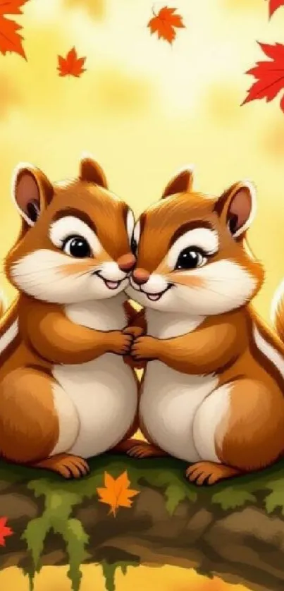 Cartoon squirrels snuggle with autumn leaves background.