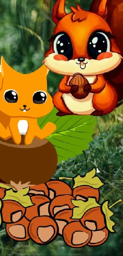 Cute cartoon squirrels playing among autumn leaves and acorns.