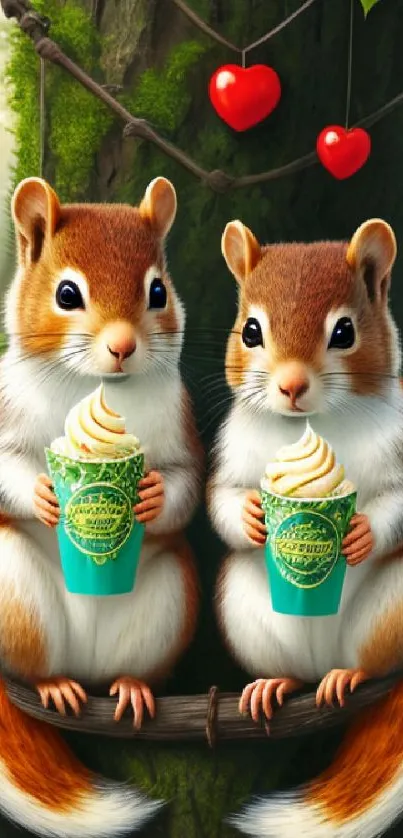 Two cute squirrels holding ice cream in a vibrant forest setting.