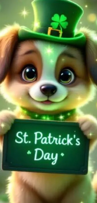 Cute puppy with St. Patrick's Day hat and sign, festive theme.