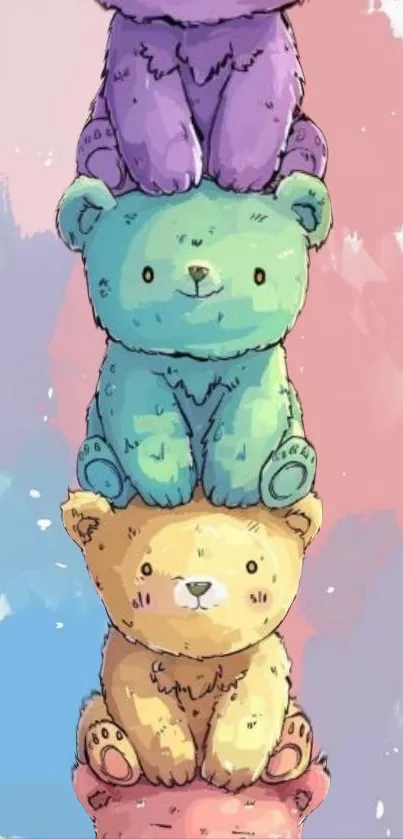 Cute pastel bears stacked on colorful background wallpaper.