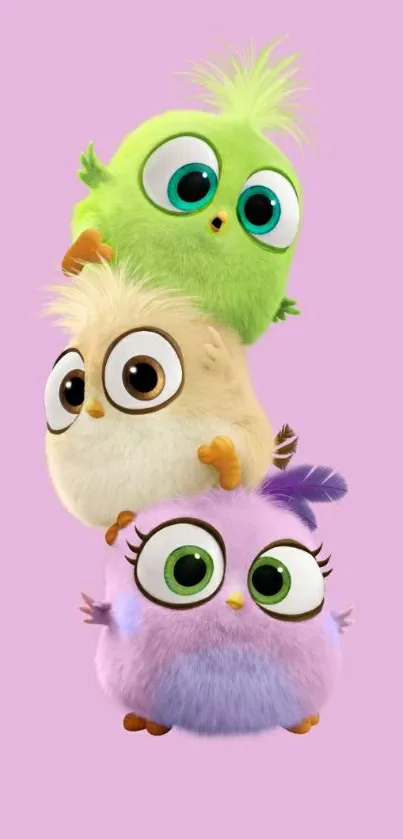 Three cute cartoon chicks stacked on a light purple background.