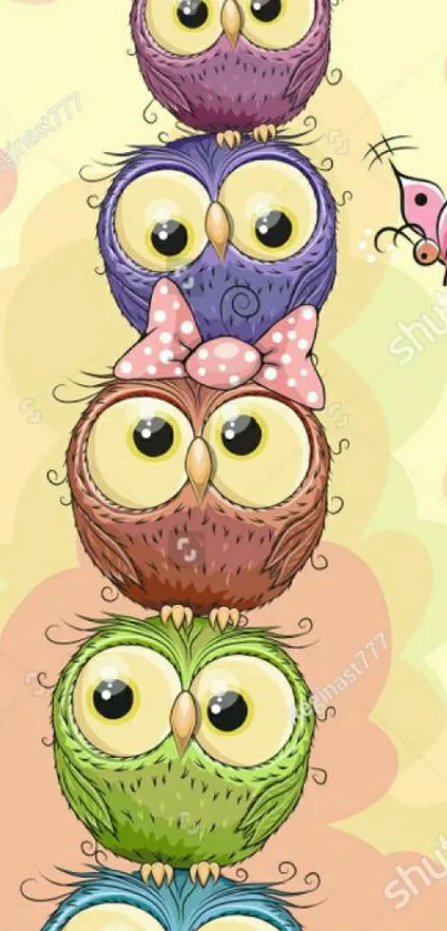 Stacked cartoon owls with bright colors and bows on a yellow background.