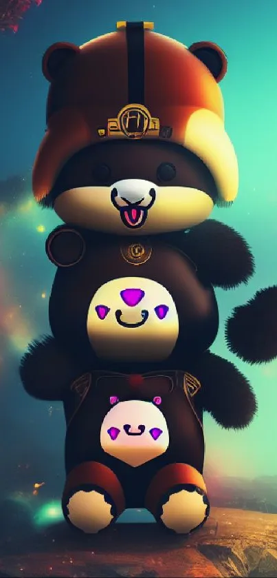 Whimsical stacked panda trio in colorful digital art.