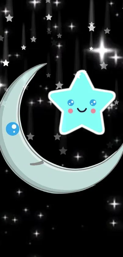 Cute star and moon on a starry night sky mobile wallpaper.