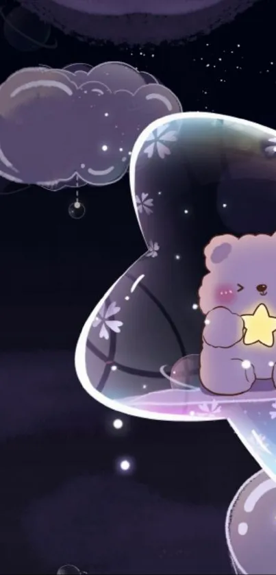 Cute teddy bear holding a star in starry night sky wallpaper.