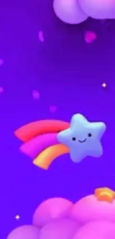 Cute cartoon star with colorful rainbow on purple background.