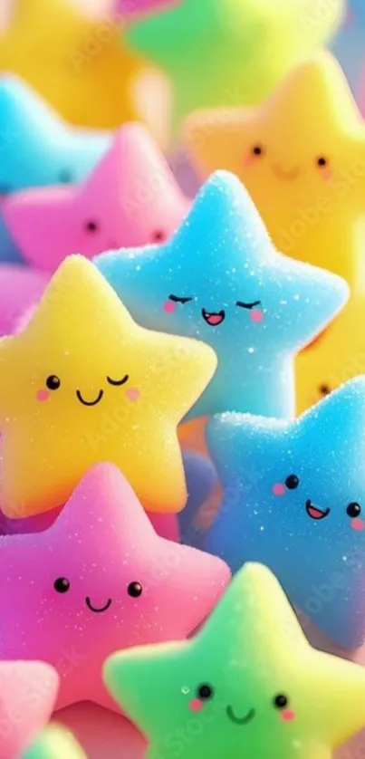 Colorful cartoon stars with happy faces in pastel shades.