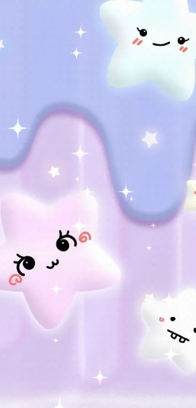 Kawaii cartoon stars on a lavender background.