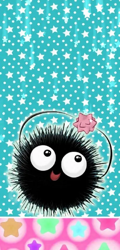 Cute cartoon fluffy character with stars on a teal background.