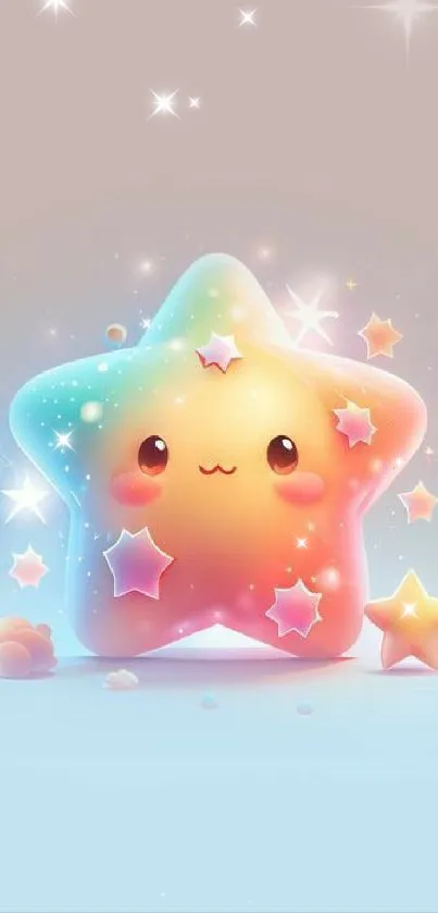 Cute kawaii star with pastel colors and sparkles on a mobile wallpaper.