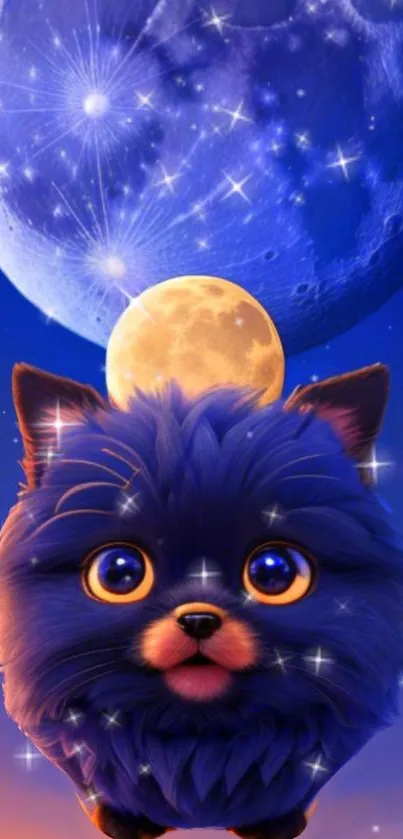 A fluffy Pomeranian with starry night sky and moon.