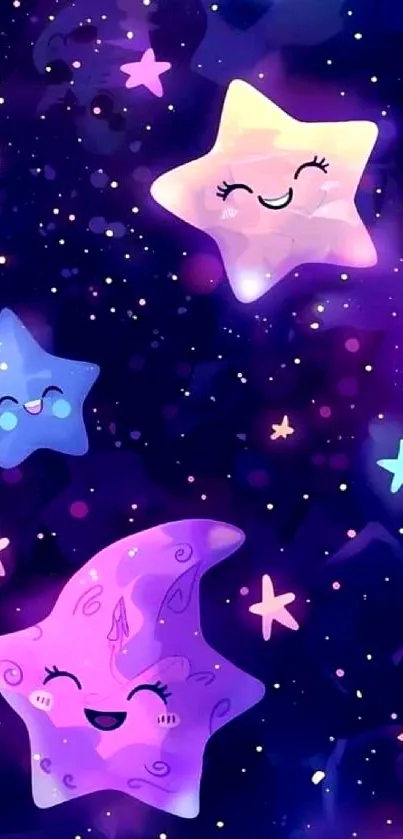 Whimsical stars on a dark purple night sky background.