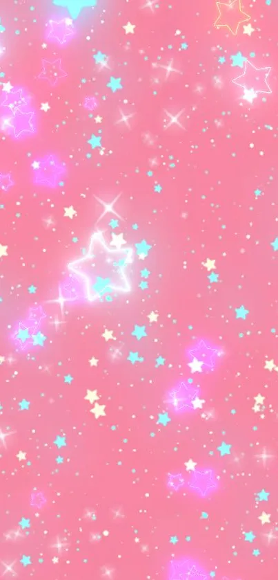 Pink wallpaper with glowing stars in pastel neon colors for a cute look.