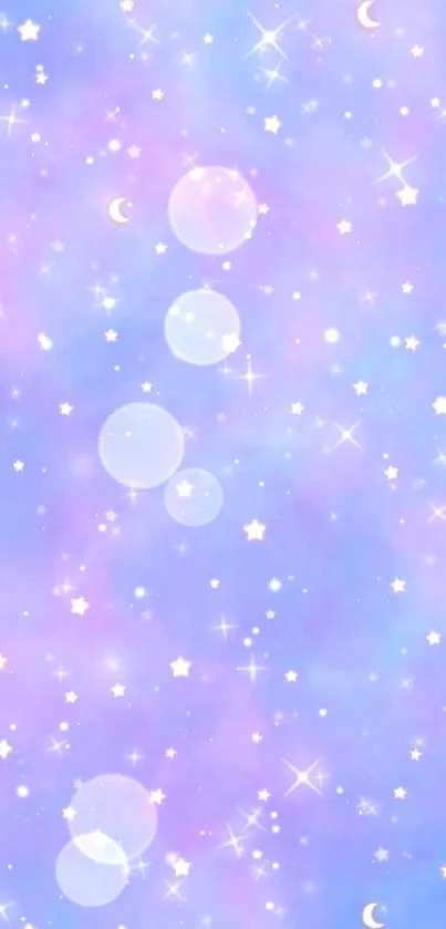 Cute starry sky wallpaper with pastel stars and moons.