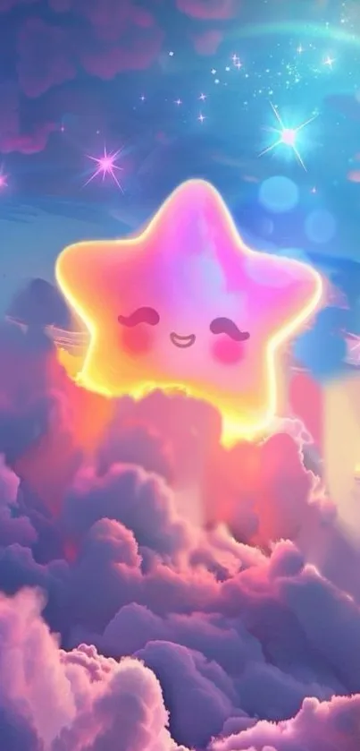 Cute glowing star in a dreamy sky with colorful clouds.