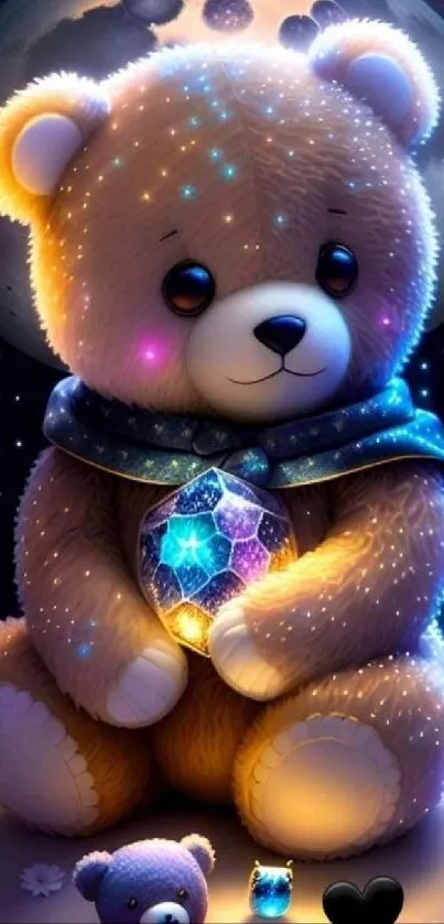 Adorable teddy bear under a starry sky, holding a glowing object.