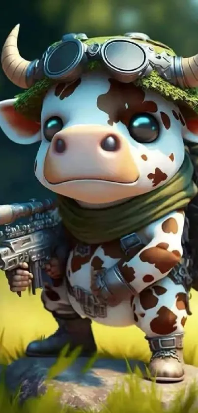 Cute steampunk cow with goggles and gear on grassy adventure.