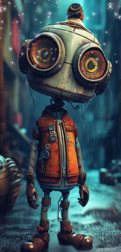 Cute steampunk robot with glowing eyes in an urban setting on mobile wallpaper.