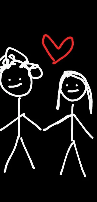 Cute stick figure couple holding hands with a red heart on a black background.