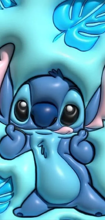 Cute Stitch cartoon against a blue leafy background.