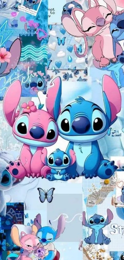 Colorful Stitch collage wallpaper with blue and pink tones.