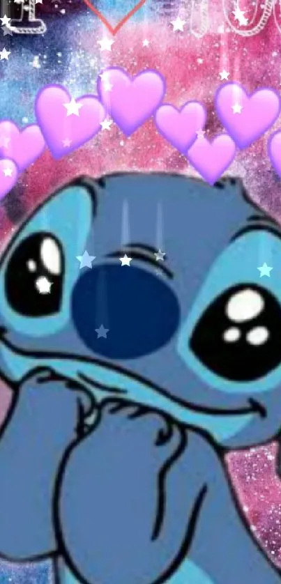 Cute Stitch with purple hearts on galaxy background.