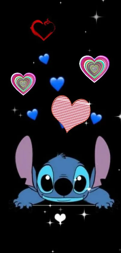 Cute Stitch with hearts on a black background.