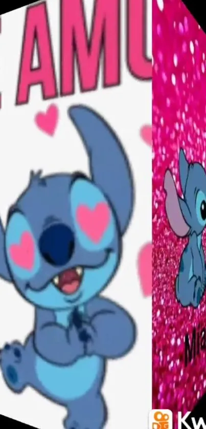 Adorable Stitch cartoon with hearts on a pink background.