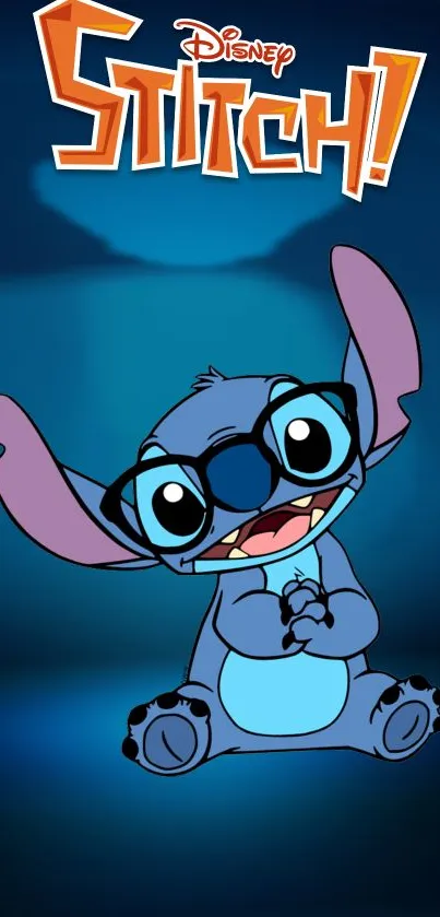 Cute Stitch with glasses on a blue background mobile wallpaper.